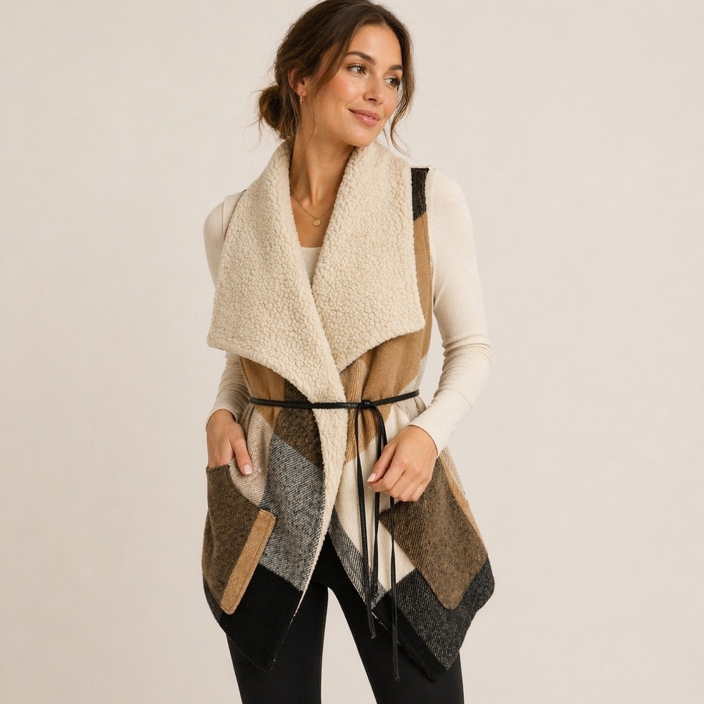 American Rag Sherpa Collar Plaid Belted Vest Boho Fall Cozy Pockets Women Small